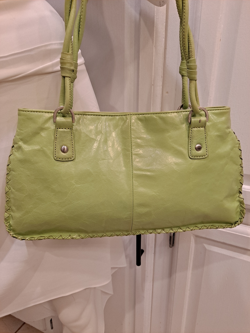 Sigrid Olsen Light Green Leather Braided Handles Stitched Vtg Y2k Vibrant Liner - Picture 2 of 16